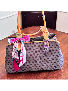 DOONEY & BOURKE SIGNATURE CANVAS IN BLUE GRAY WITH LEATHER TAN TRIM SATCHEL EUC